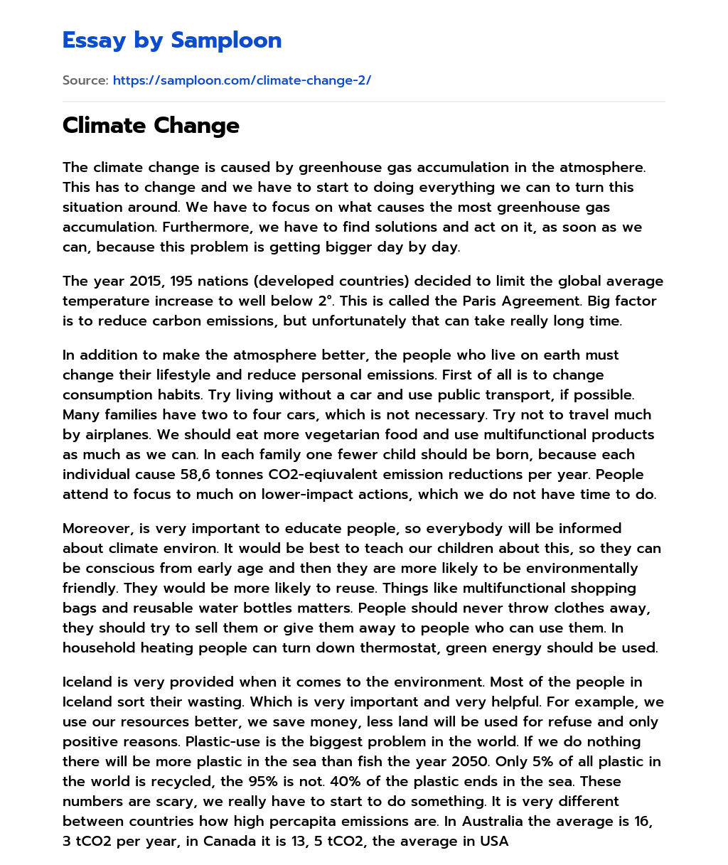  Climate Change Free Essay Sample On Samploon