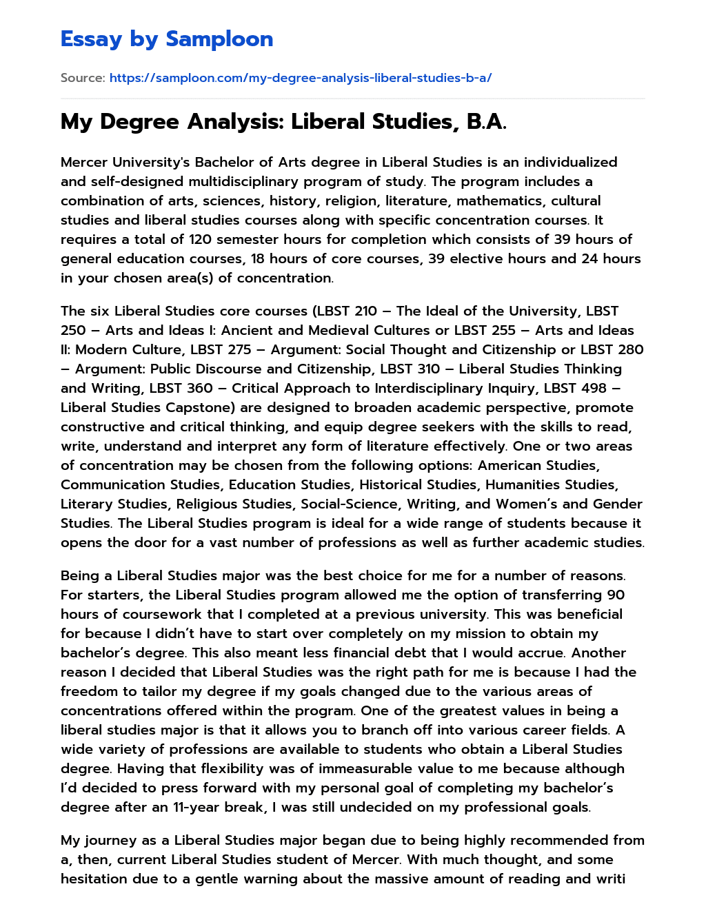 My Degree Analysis: Liberal Studies, B.A. essay