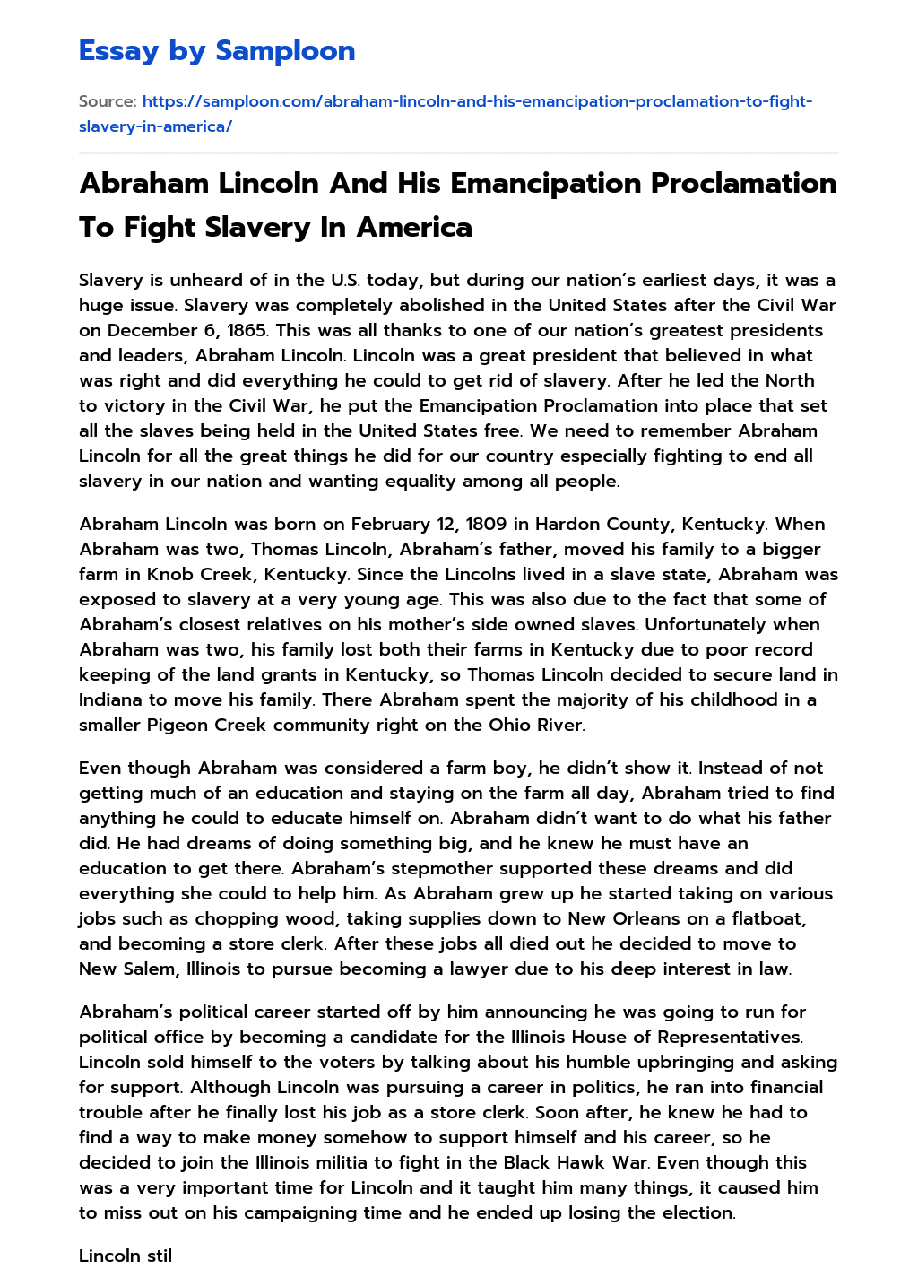 Abraham Lincoln And His Emancipation Proclamation To Fight Slavery In America Accomplishment Essay essay