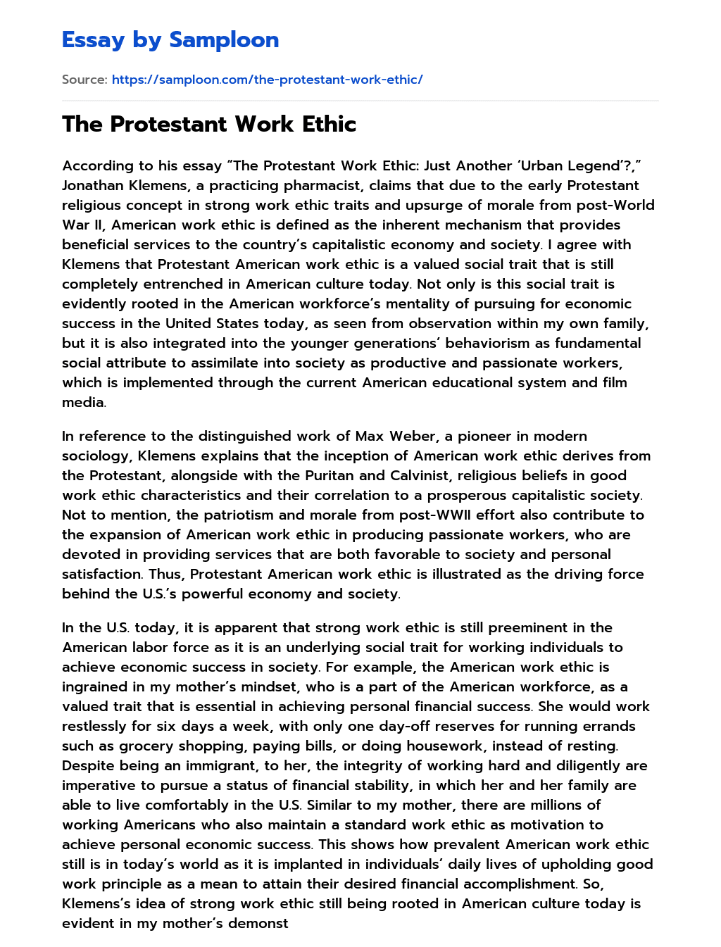 The Protestant Work Ethic essay