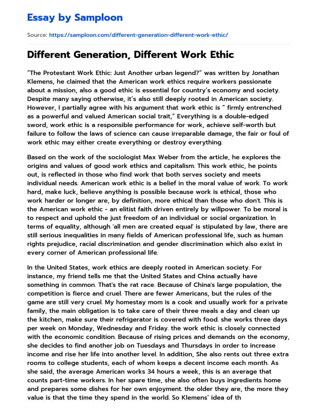 Different Generation, Different Work Ethic essay