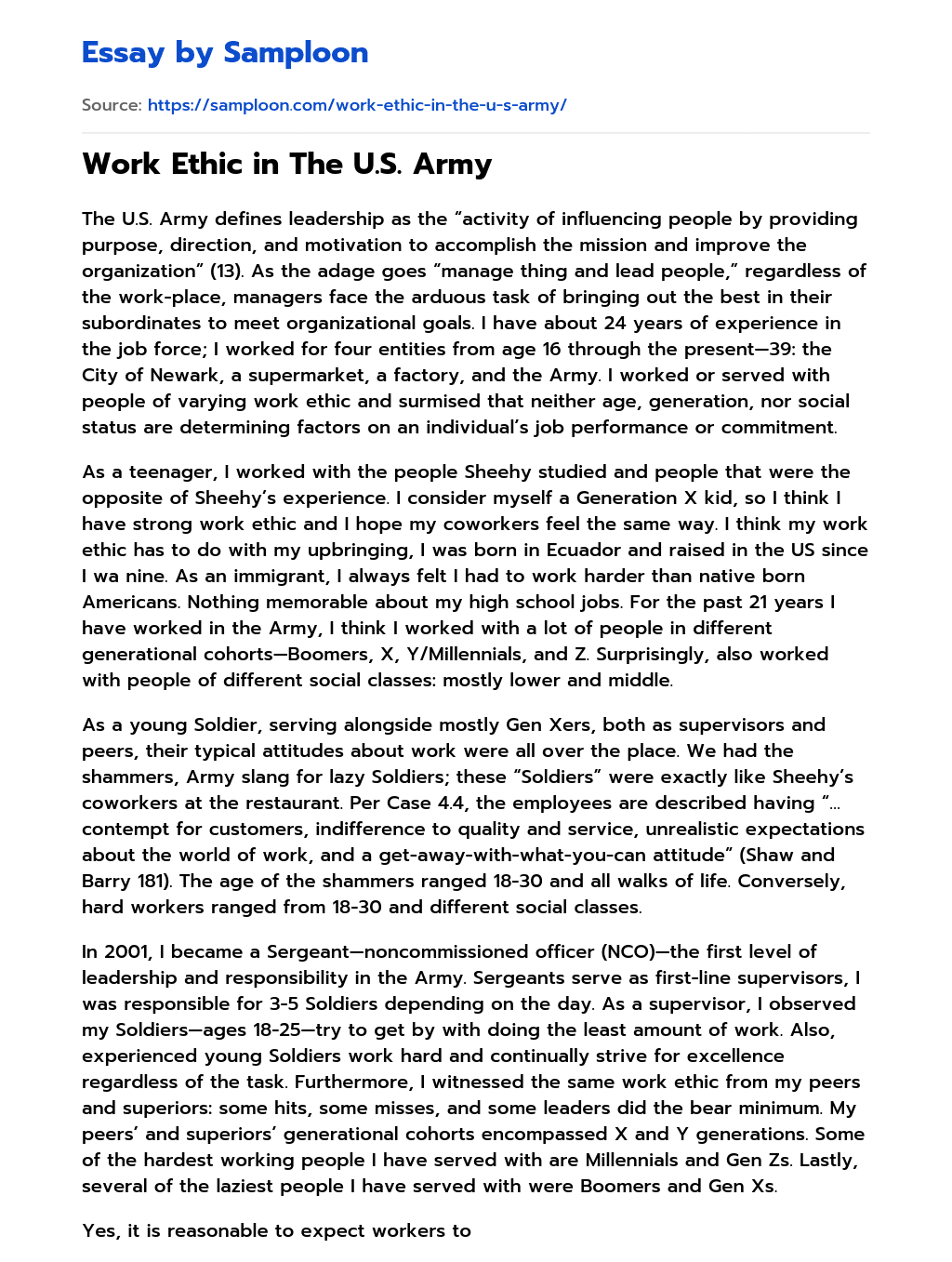 Work Ethic in The U.S. Army essay