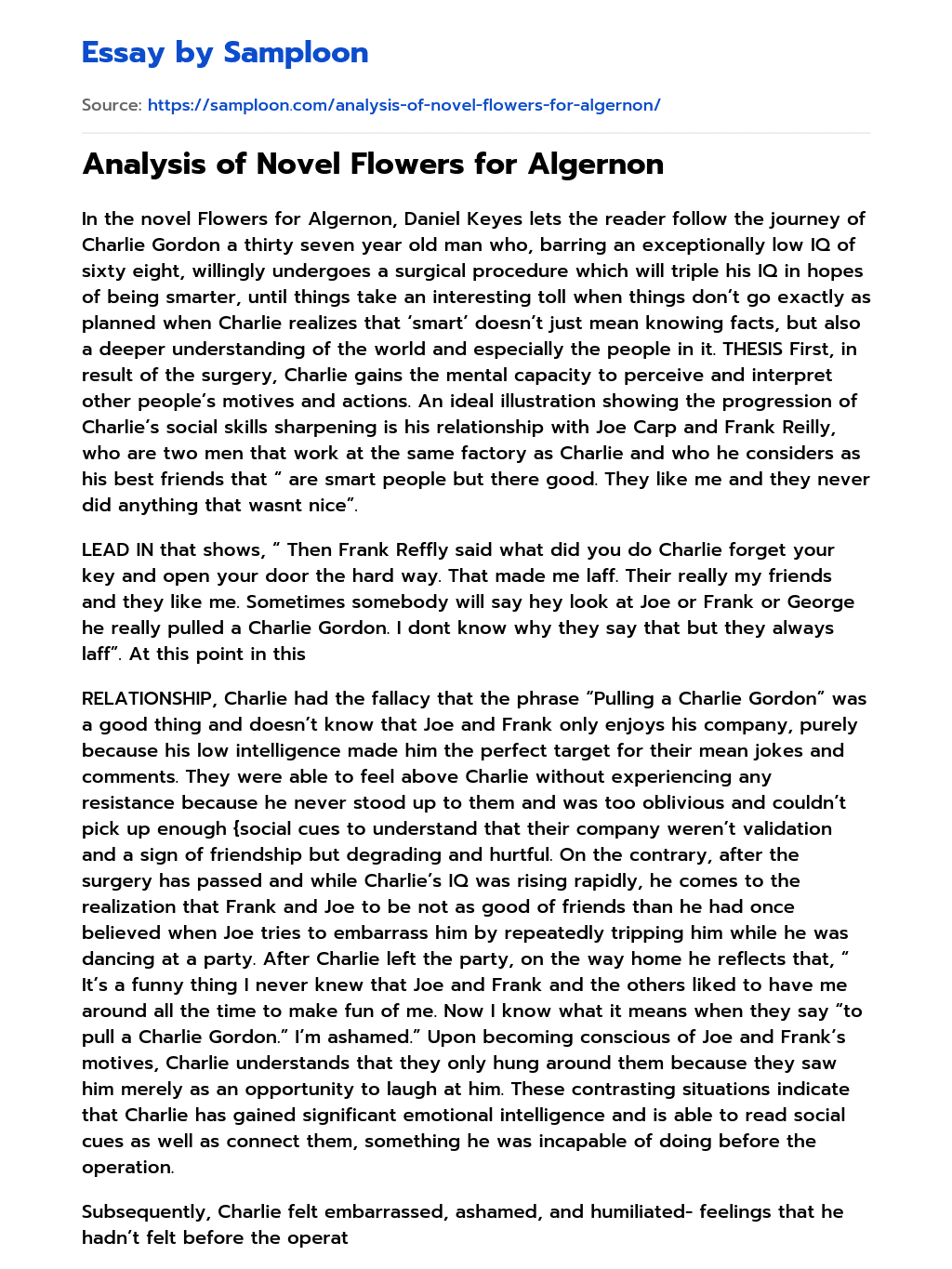 Analysis of Novel Flowers for Algernon essay