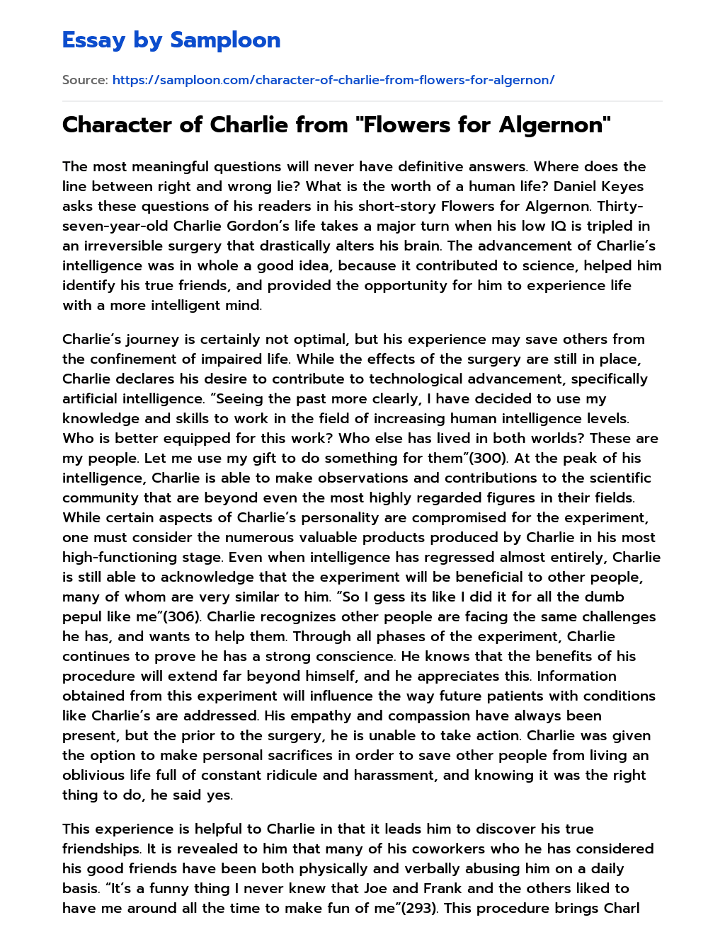 Character of Charlie from “Flowers for Algernon” essay