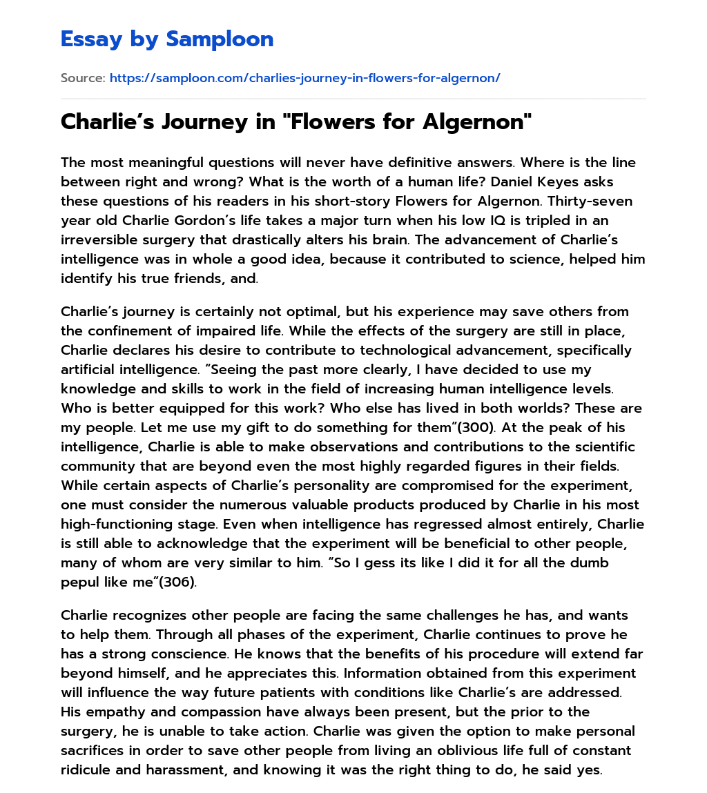 Charlie’s Journey in “Flowers for Algernon” essay
