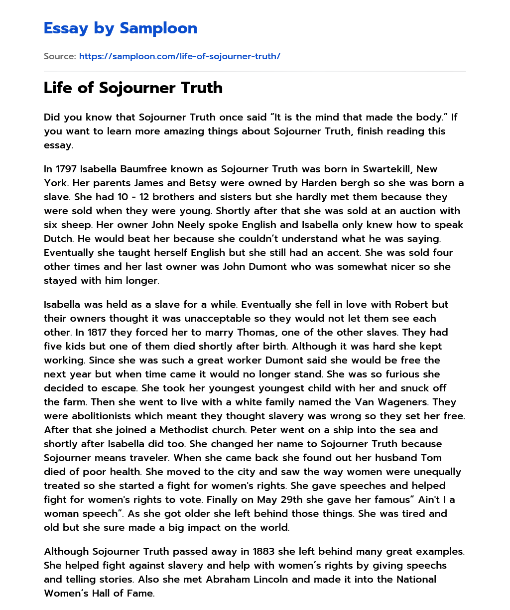 Life of Sojourner Truth essay