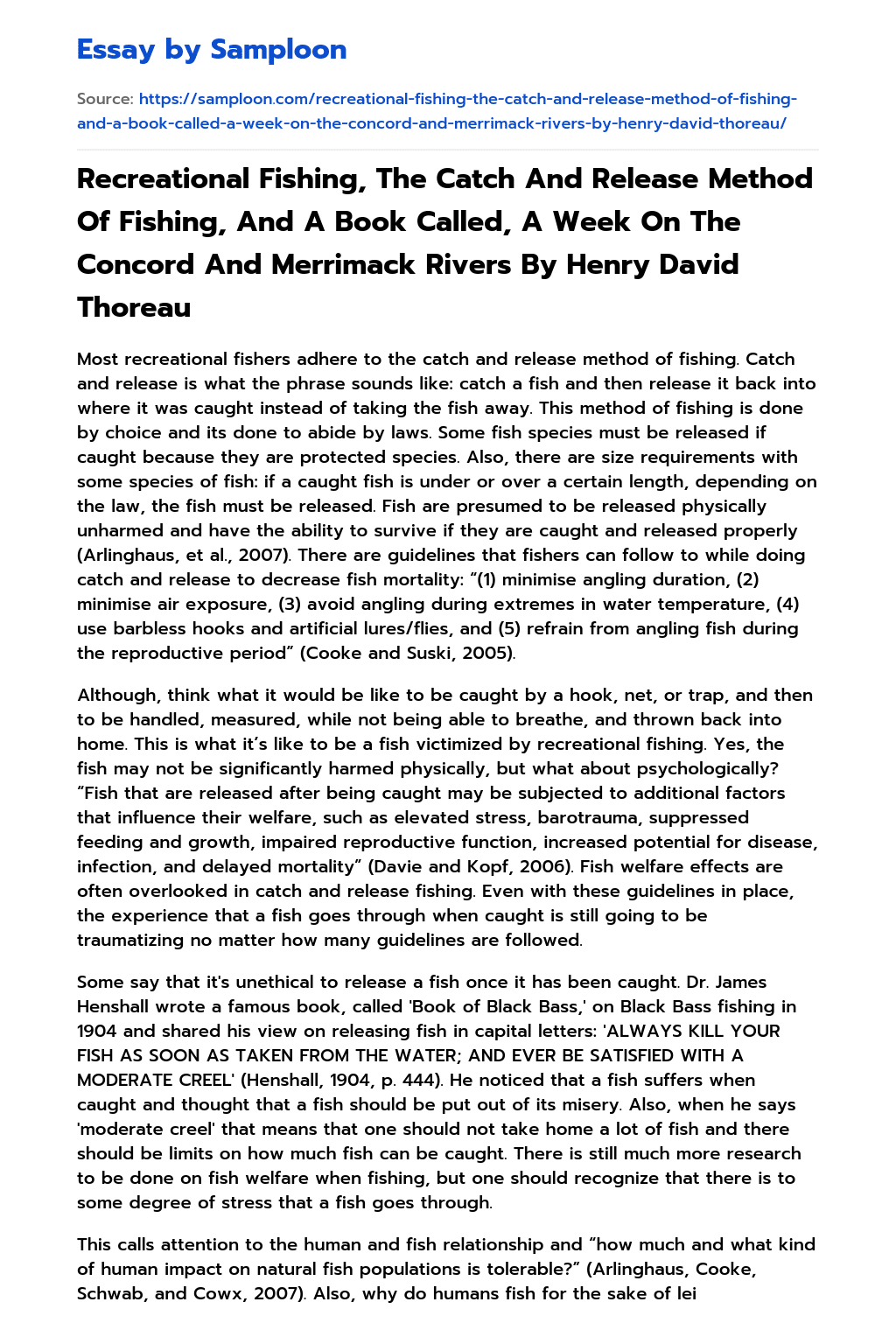 Recreational Fishing, The Catch And Release Method Of Fishing, And  A Book Called, A Week On The Concord And Merrimack Rivers By Henry David Thoreau essay