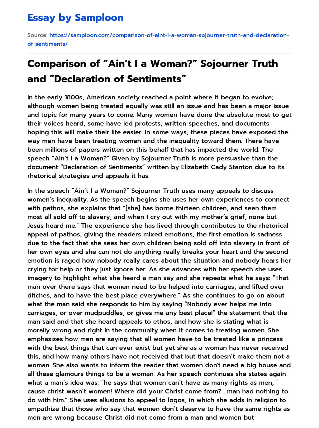 Comparison of “Ain’t I a Woman?” Sojourner Truth and “Declaration of Sentiments” Rhetorical Analysis essay