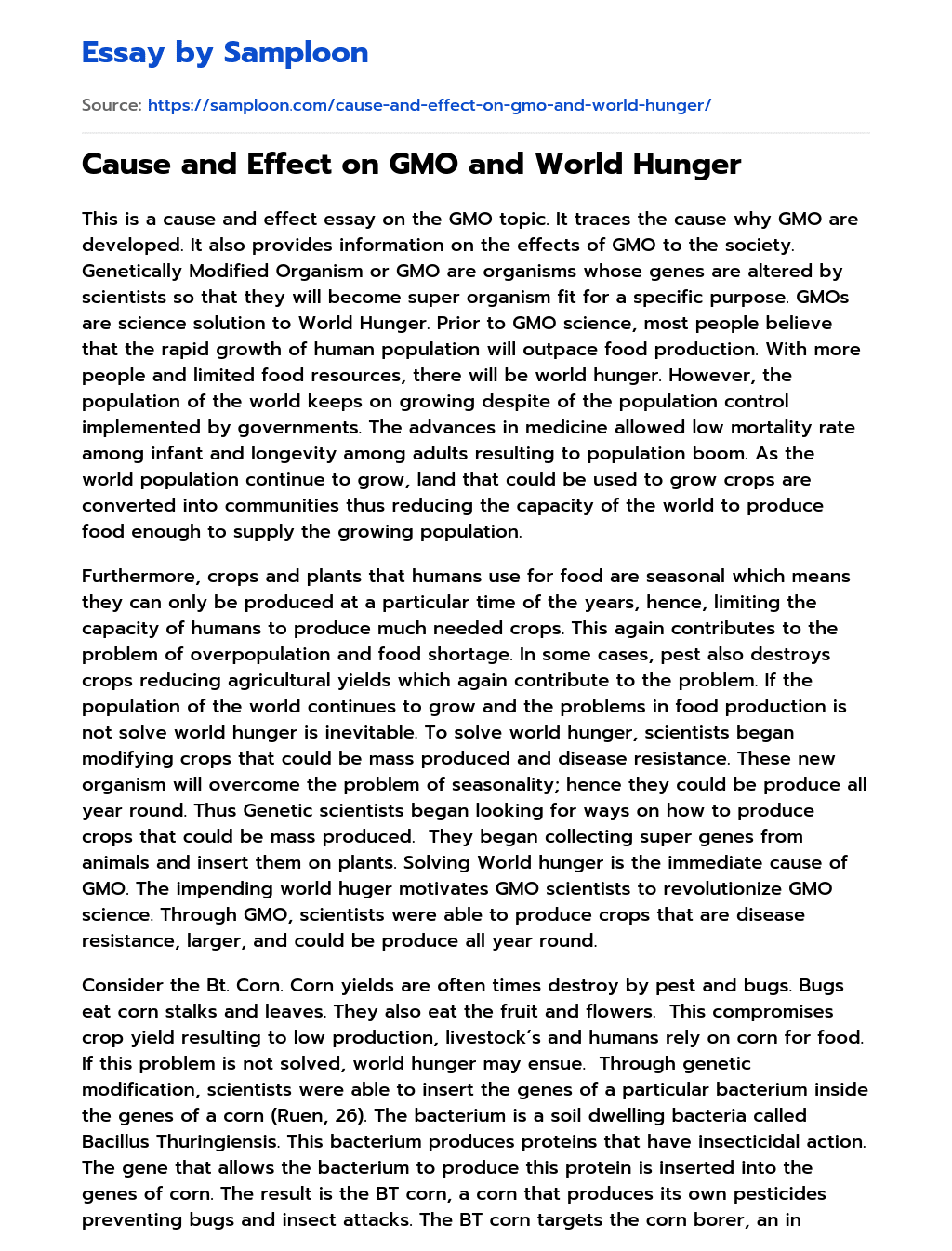 Cause and Effect on GMO and World Hunger essay