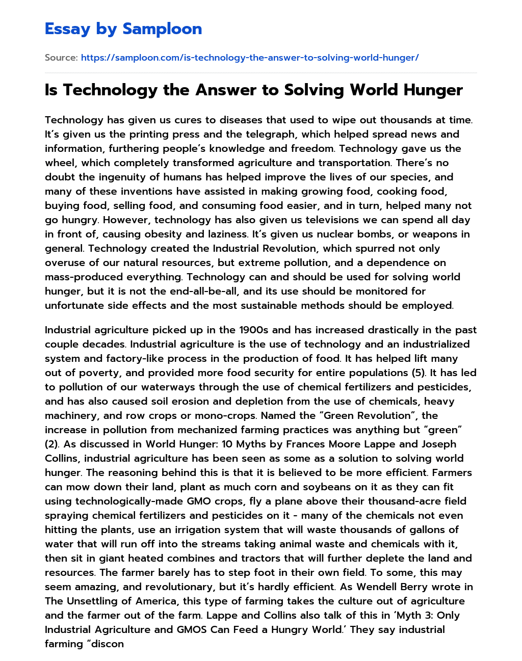 Is Technology the Answer to Solving World Hunger essay