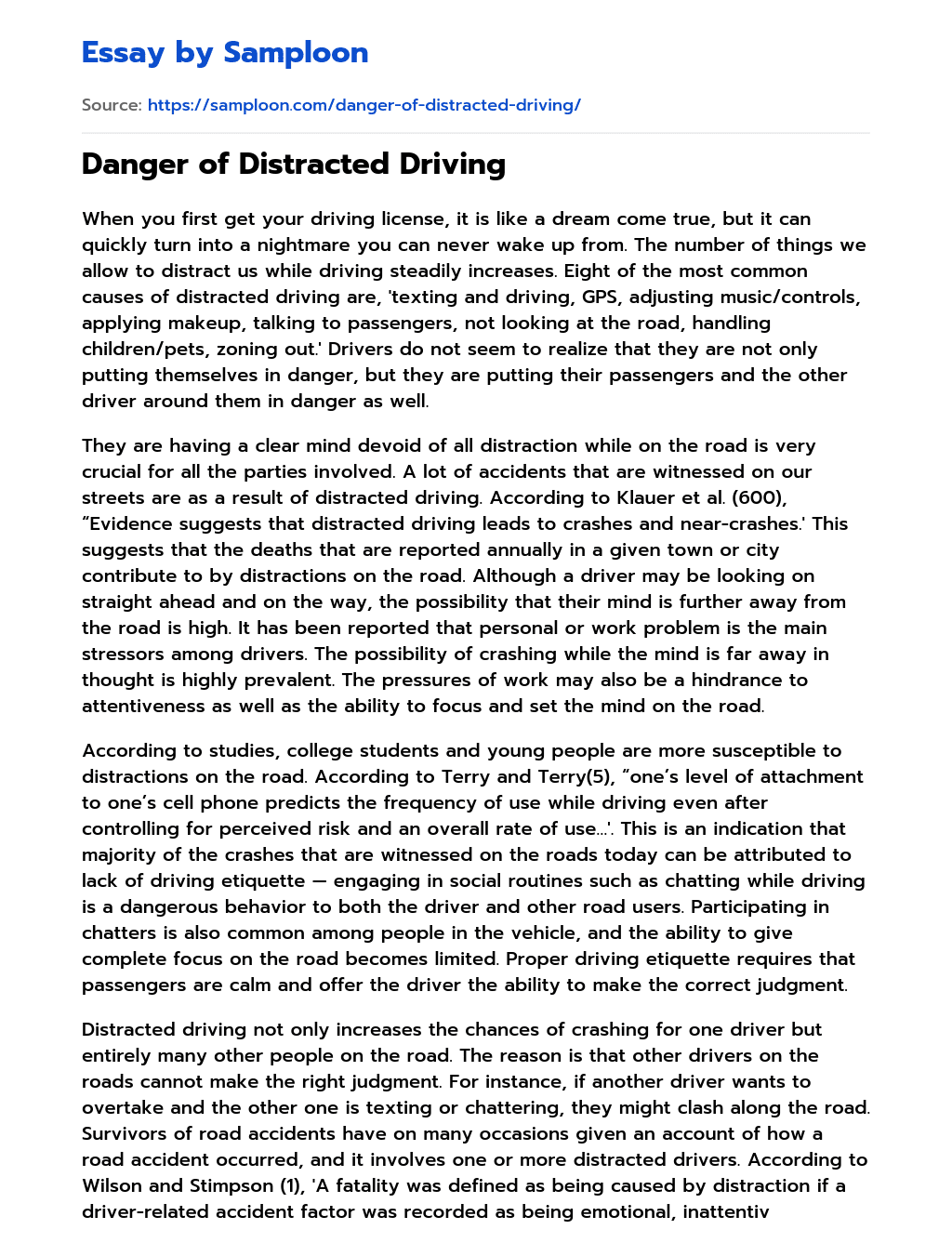 Danger of Distracted Driving essay