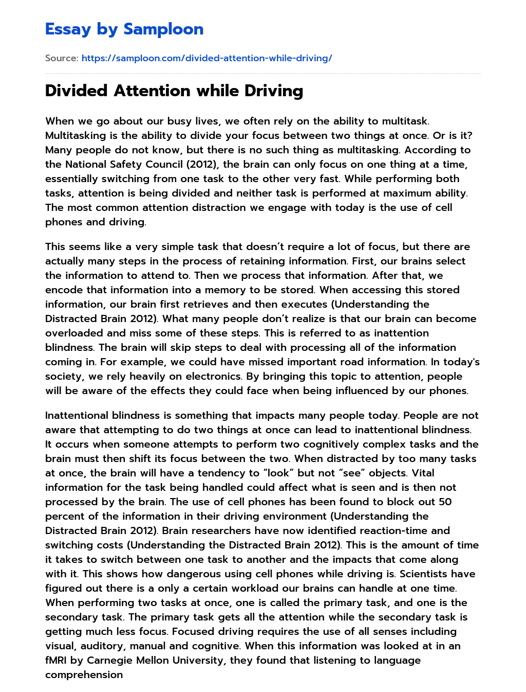 Divided Attention while Driving essay