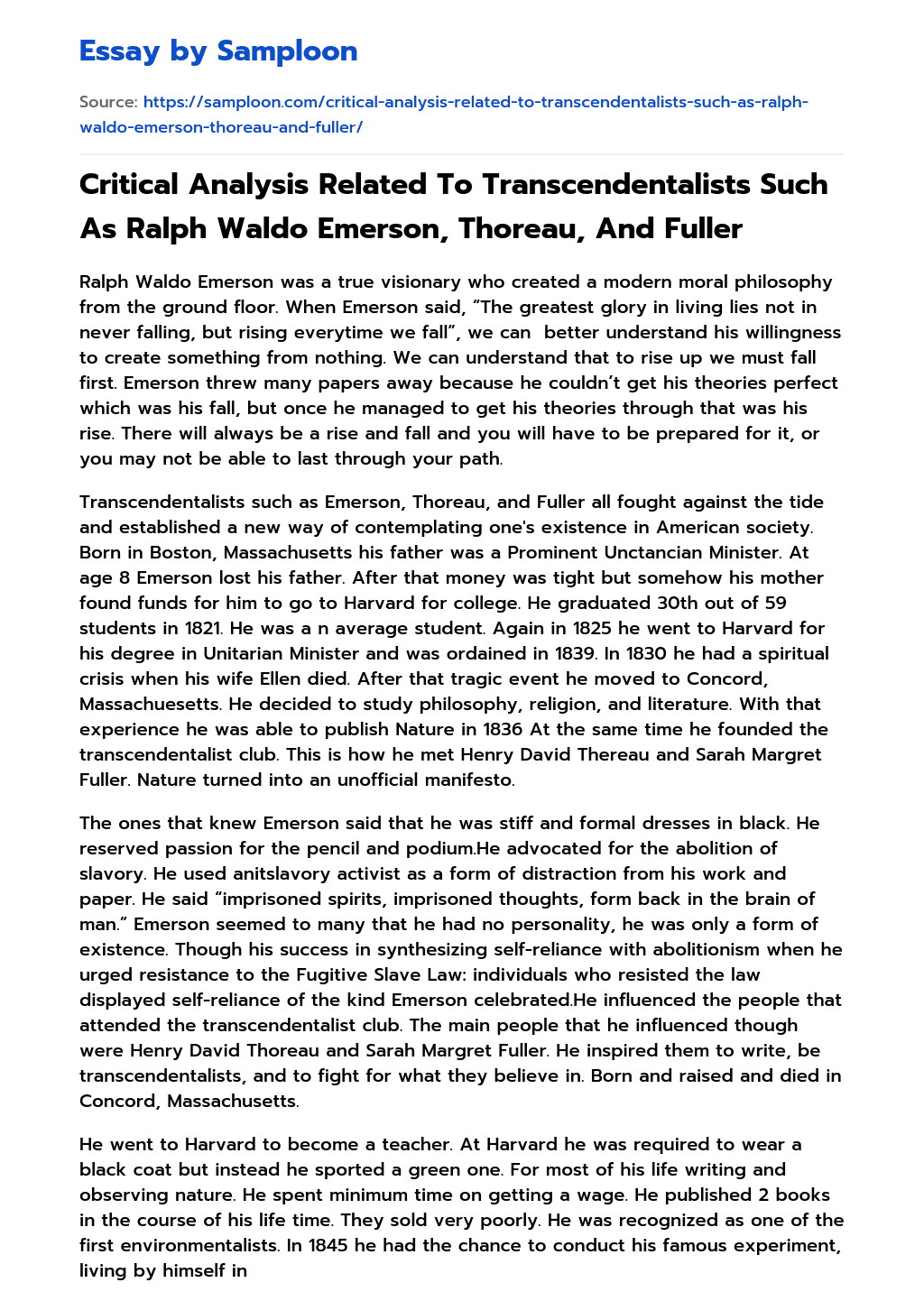 Critical Analysis Related To Transcendentalists Such As Ralph Waldo Emerson, Thoreau, And Fuller essay