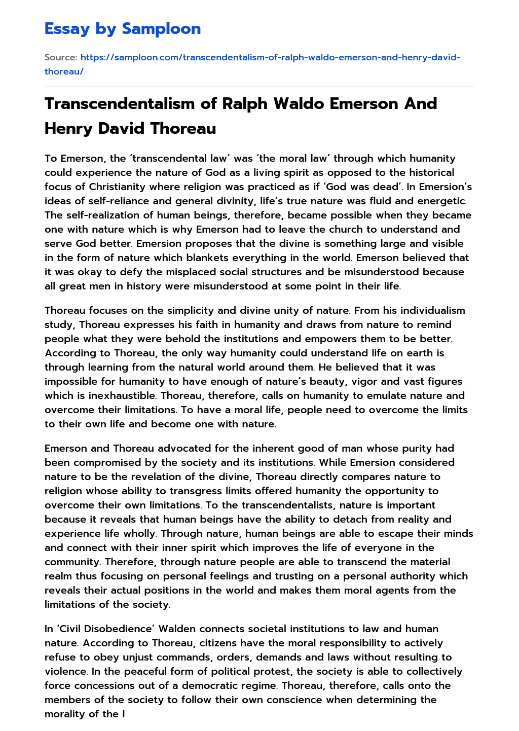 Transcendentalism of Ralph Waldo Emerson And Henry David Thoreau essay