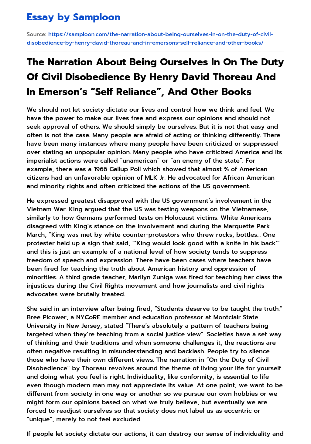The Narration About Being Ourselves In On The Duty Of Civil Disobedience By Henry David Thoreau And In Emerson’s “Self Reliance”, And Other Books essay