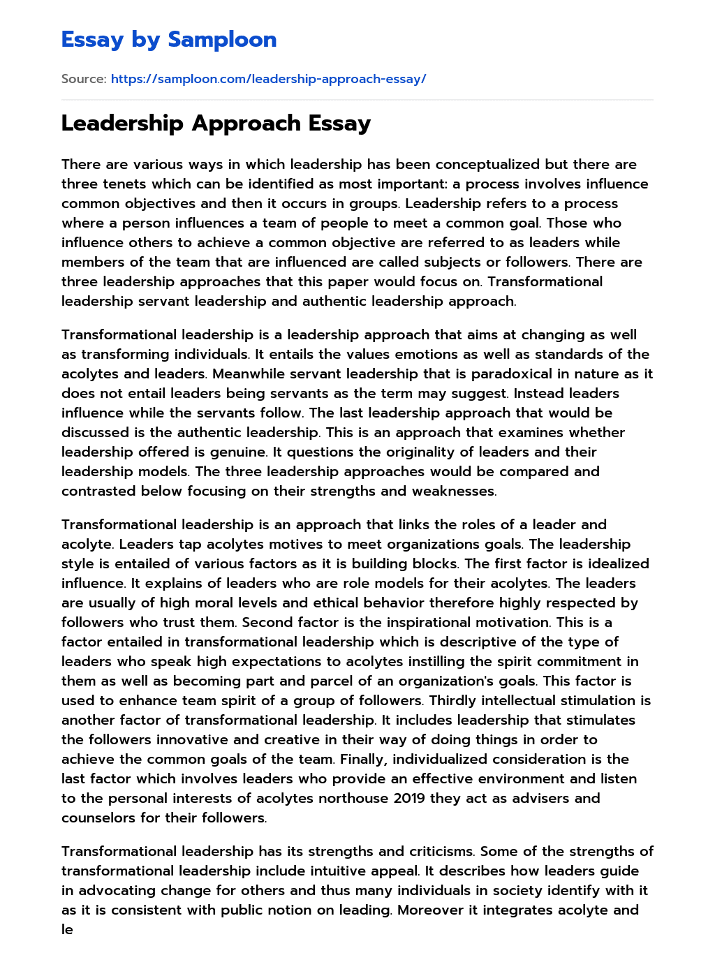 Leadership Approach Essay essay