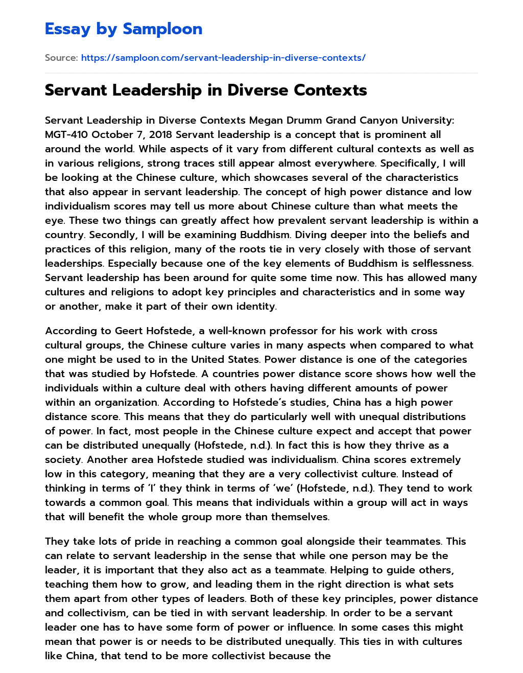Servant Leadership in Diverse Contexts essay