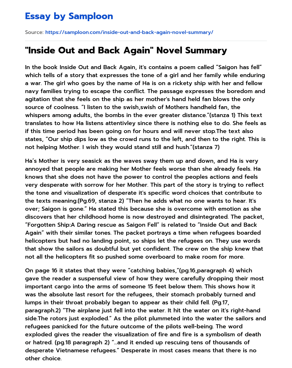 “Inside Out and Back Again” Novel Summary essay