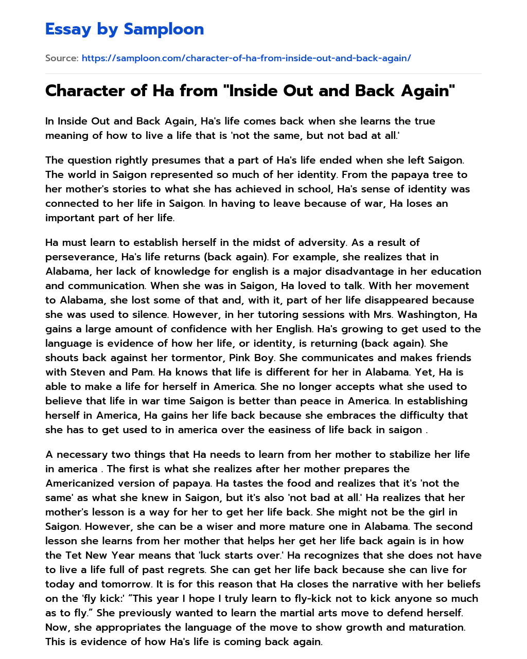 Character of Ha from “Inside Out and Back Again” Analytical Essay essay