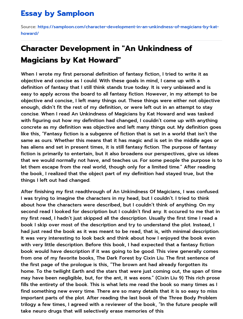 Character Development in “An Unkindness of Magicians by Kat Howard” essay