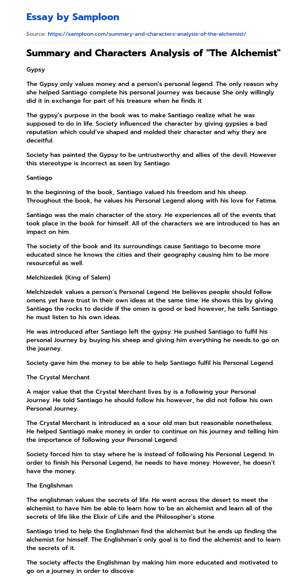 Summary and Characters Analysis of “The Alchemist” essay