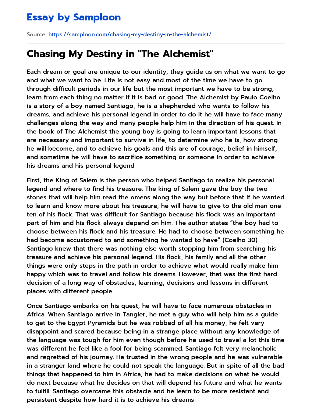 Chasing My Destiny in “The Alchemist” essay