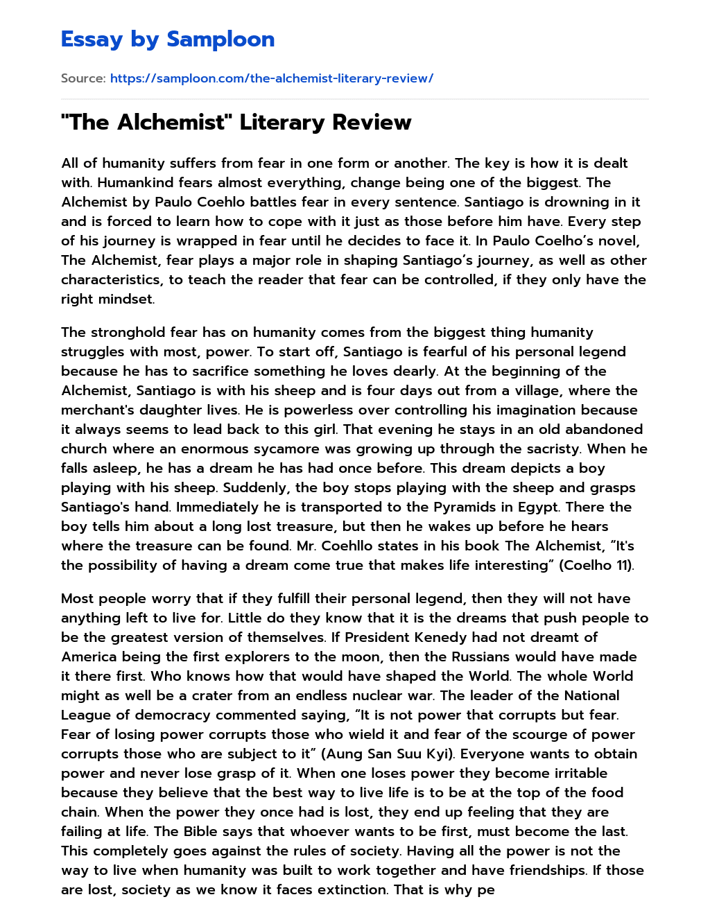 “The Alchemist” Literary Review essay