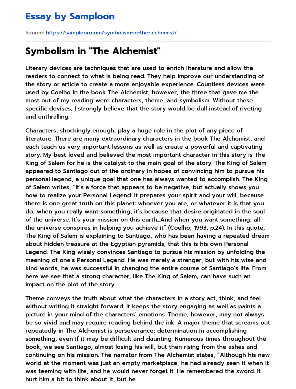 Symbolism in “The Alchemist” essay