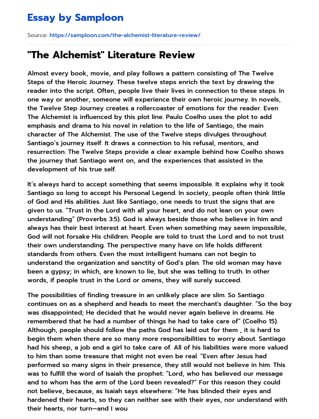 “The Alchemist” Literature Review essay