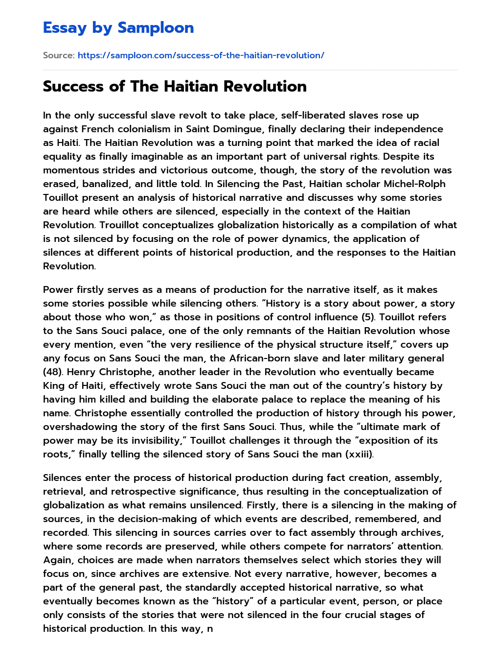 Success of The Haitian Revolution essay