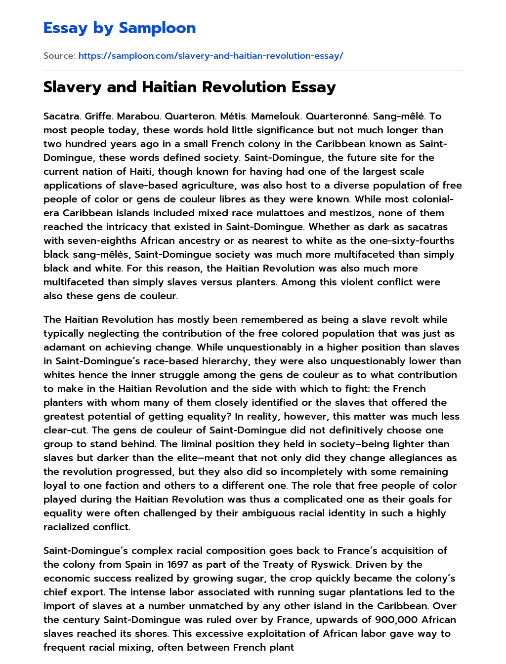 Slavery and Haitian Revolution Essay essay