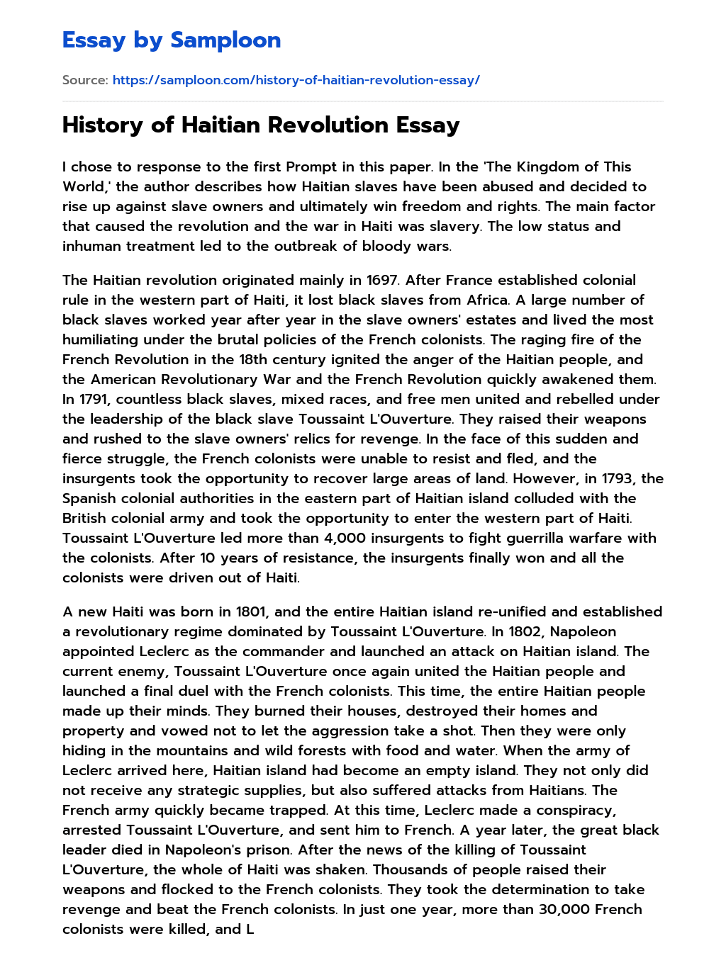 History of Haitian Revolution Essay essay
