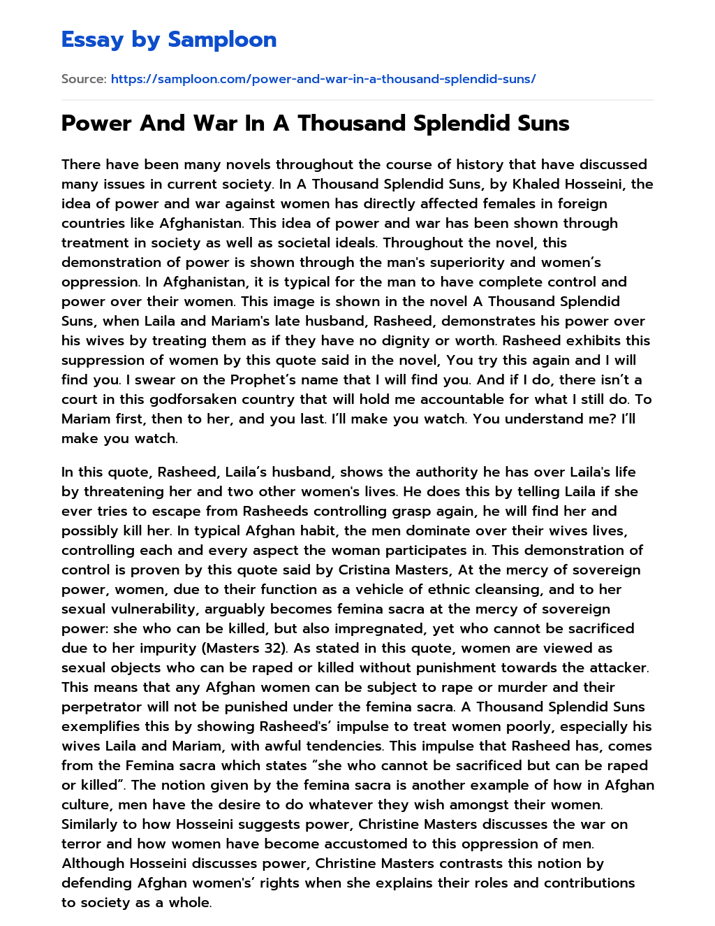 Power And War In A Thousand Splendid Suns  essay