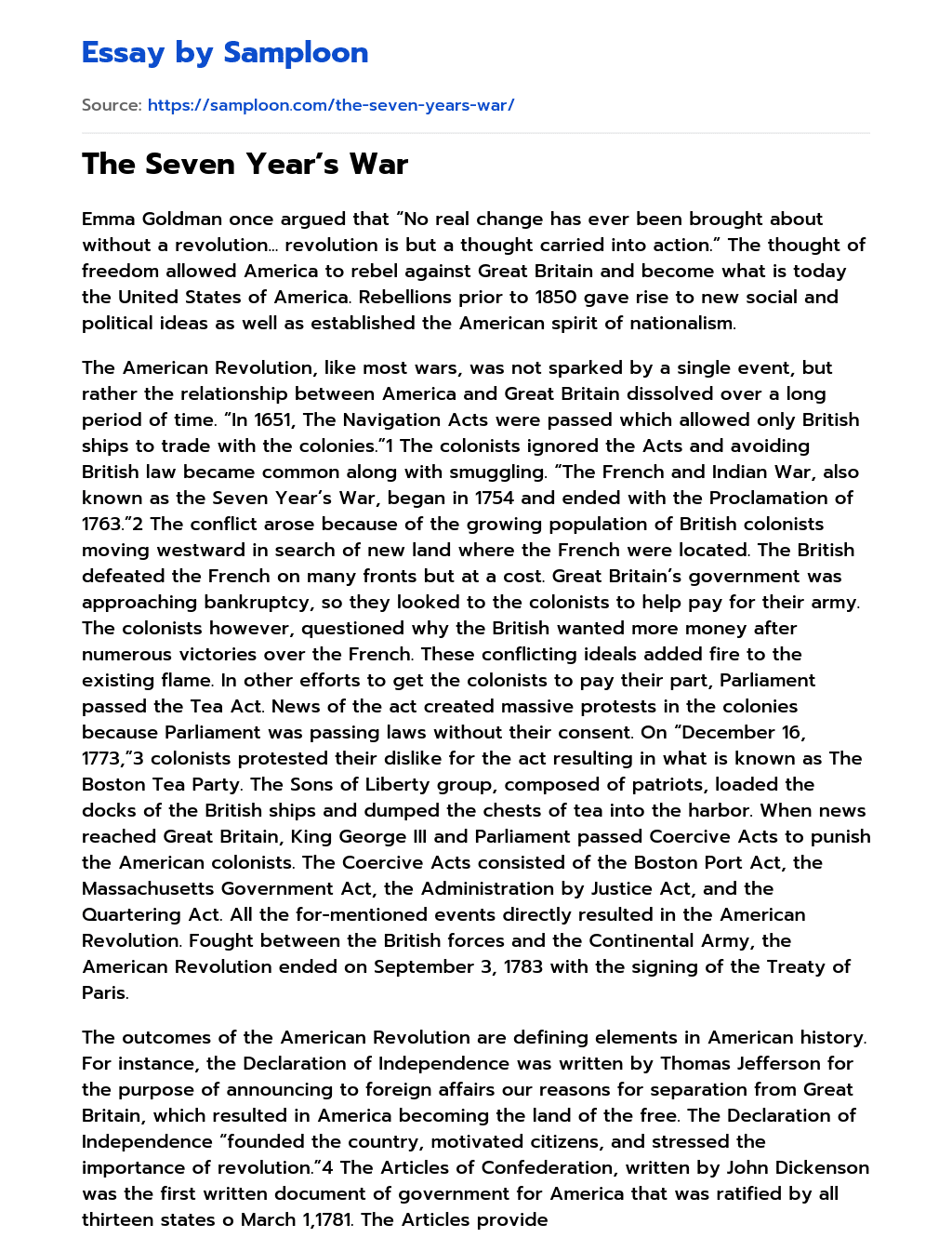 The Seven Year’s War essay