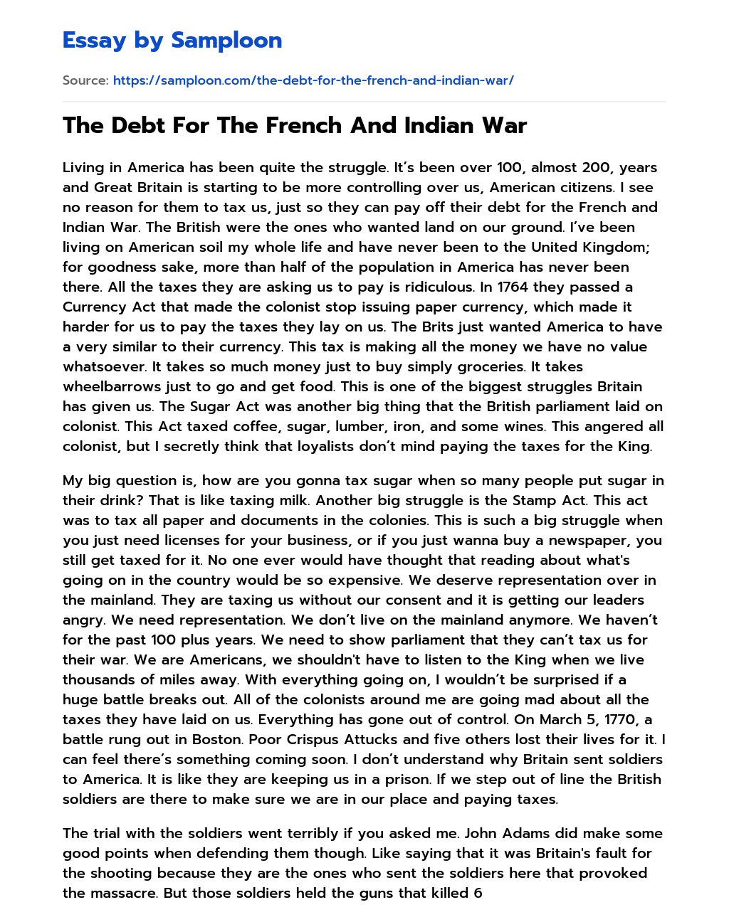 The Debt For The French And Indian War essay