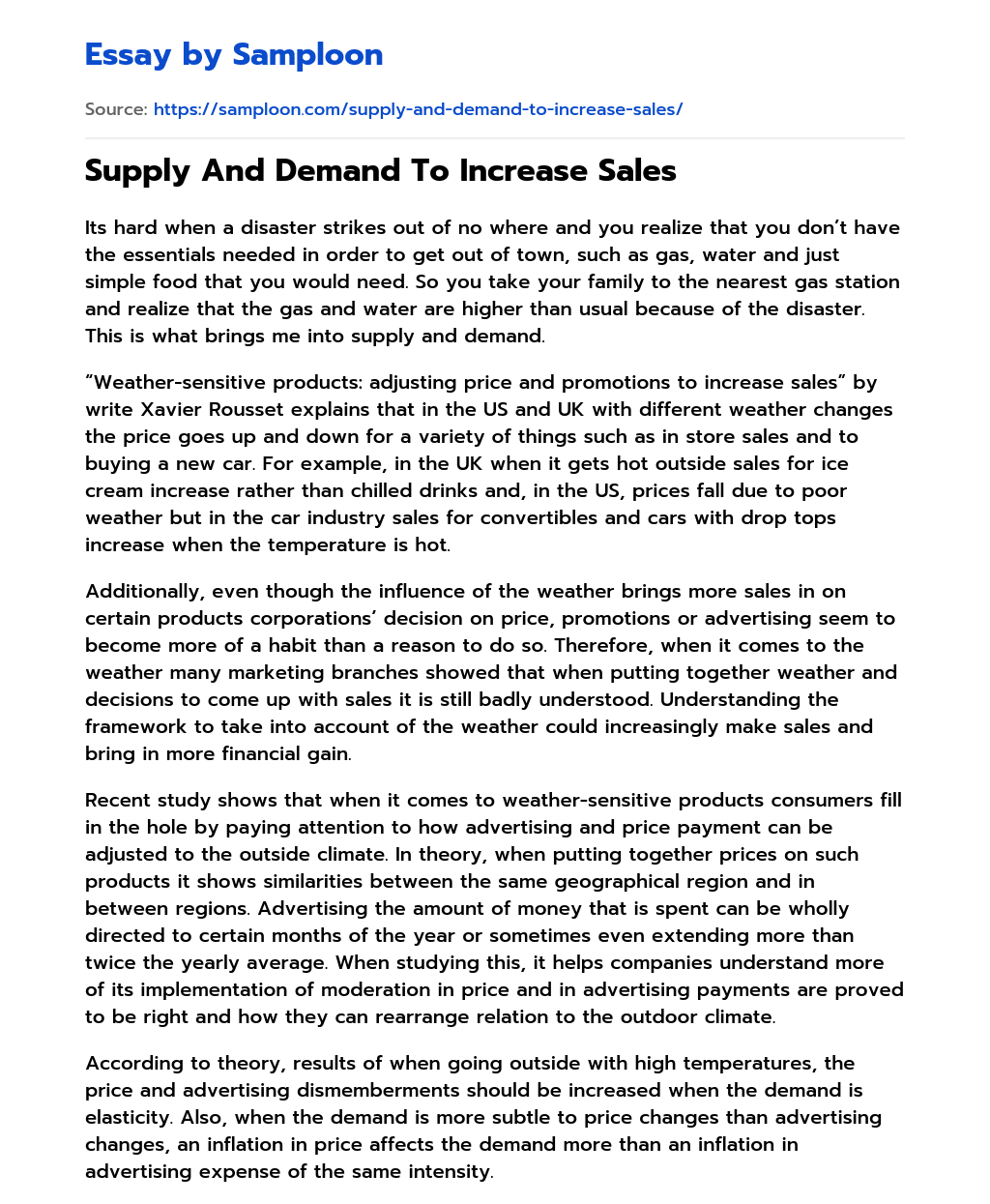 Supply And Demand To Increase Sales essay