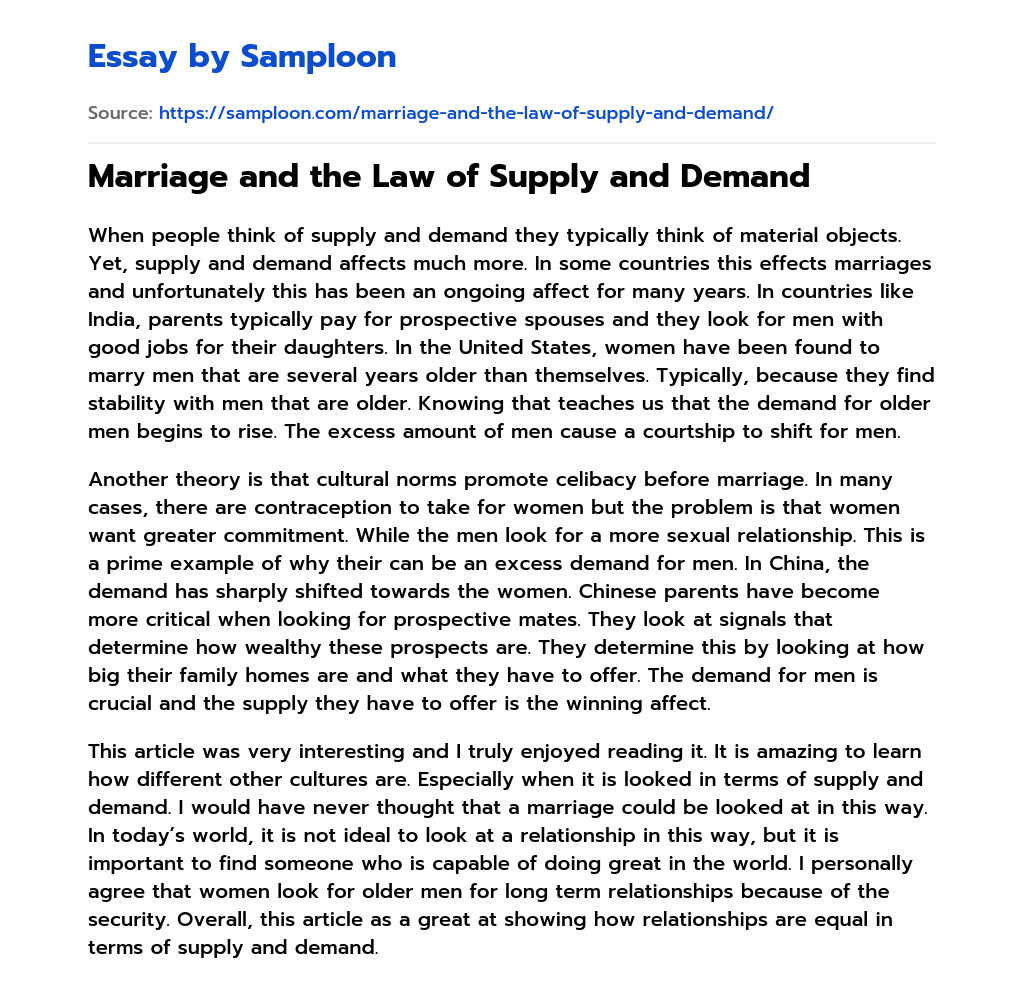 Marriage and the Law of Supply and Demand essay