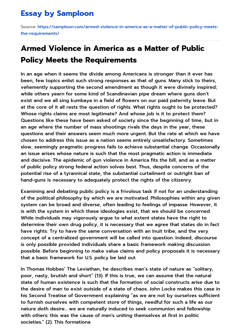 Armed Violence in America as a Matter of Public Policy Meets the Requirements essay