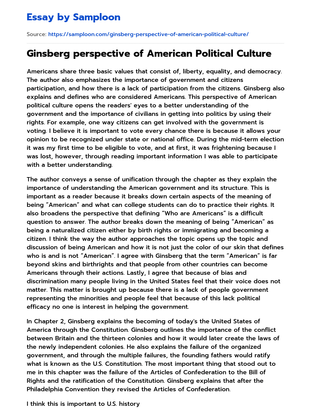 Ginsberg perspective of American Political Culture essay