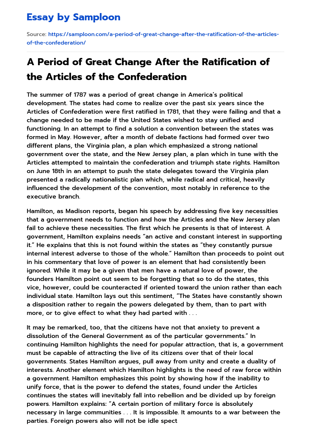 A Period of Great Change After the Ratification of the Articles of the Confederation essay