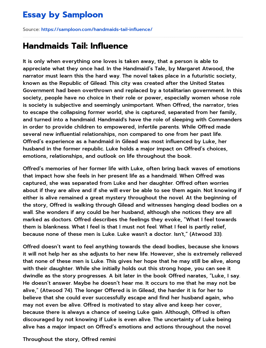 Handmaids Tail: Influence essay