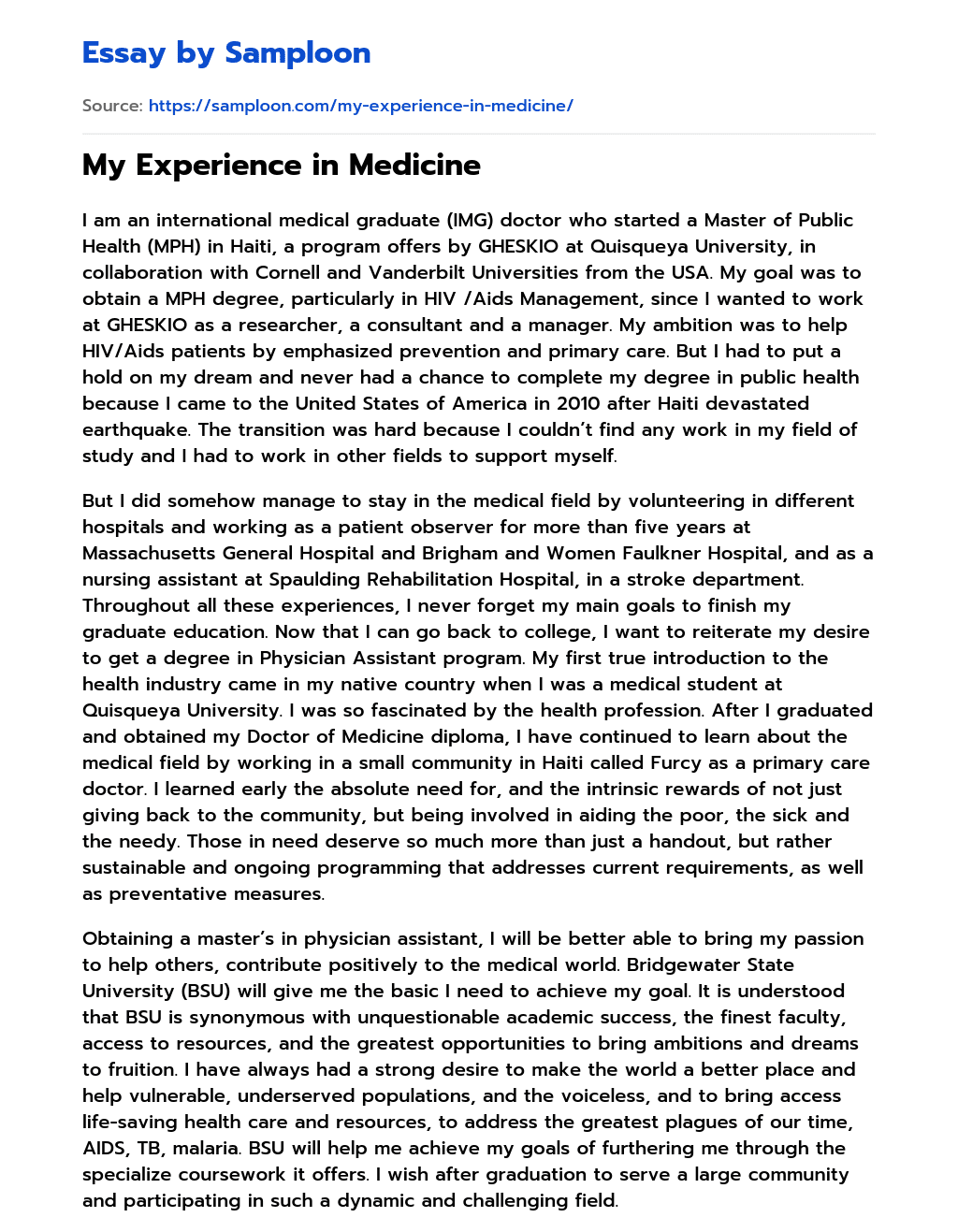 My Experience in Medicine essay