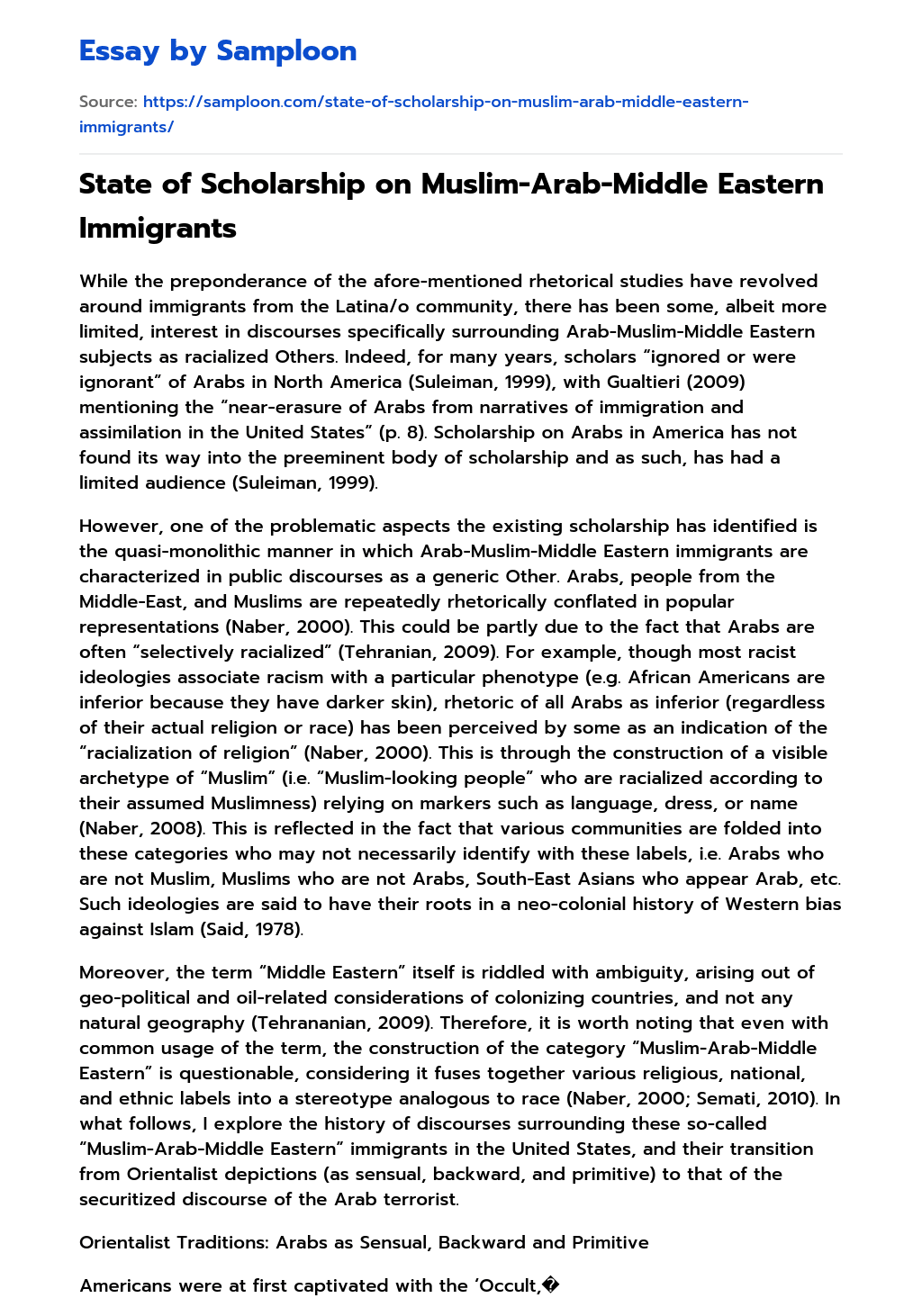 State of Scholarship on Muslim-Arab-Middle Eastern Immigrants essay