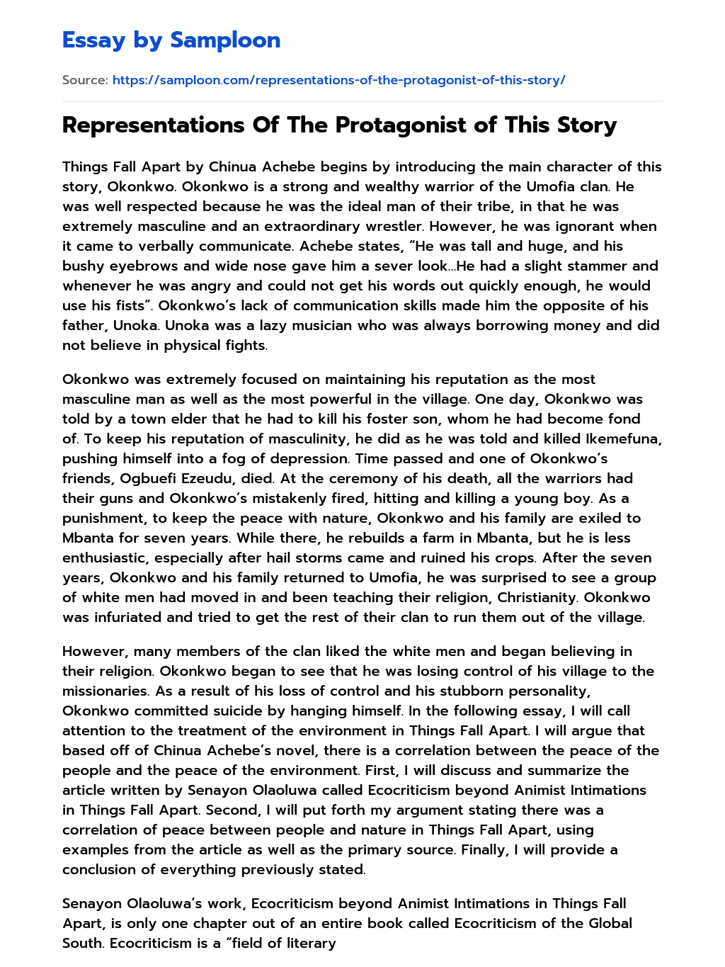 Representations Of The Protagonist of This Story Personal Essay essay