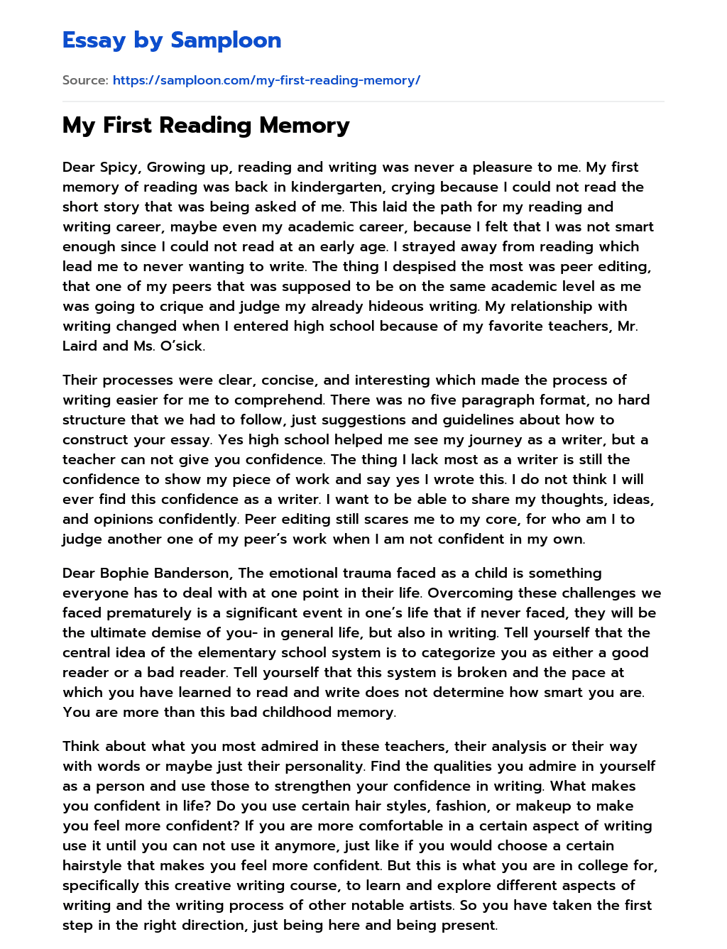 My First Reading Memory essay