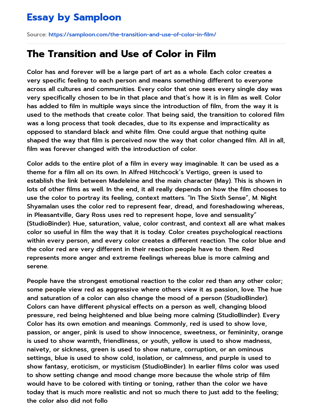 The Transition and Use of Color in Film  essay