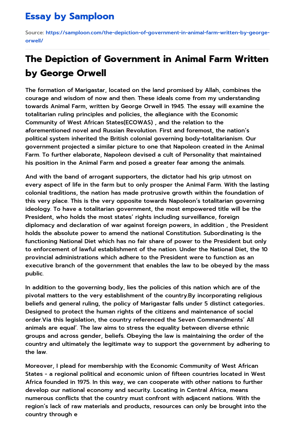 The Depiction of Government in Animal Farm Written by George Orwell essay
