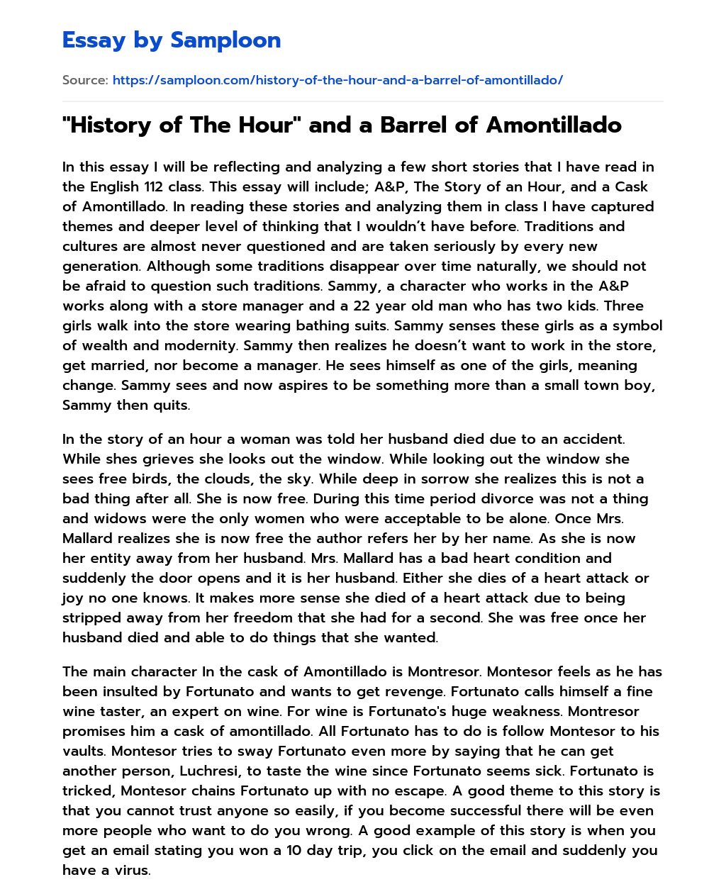 “History of The Hour” and a Barrel of Amontillado essay