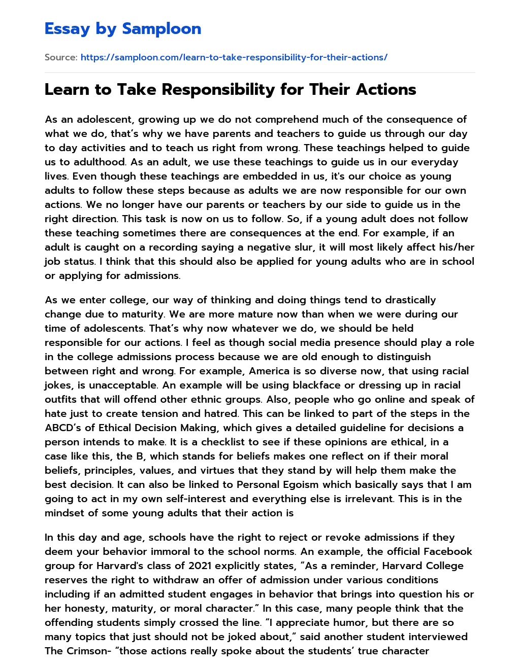 Learn to Take Responsibility for Their Actions essay