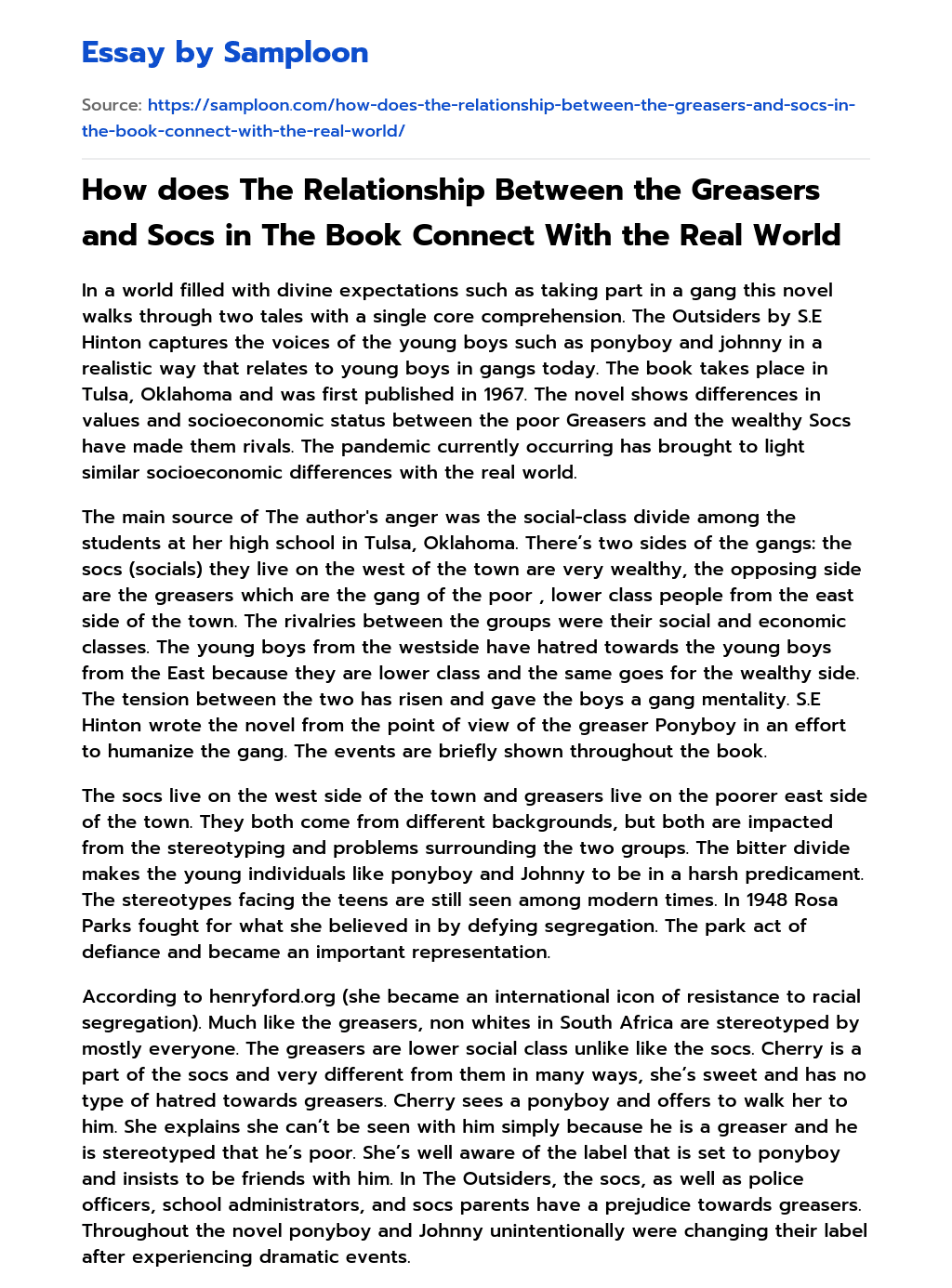 How does The Relationship Between the Greasers and Socs in The Book Connect With the Real World essay